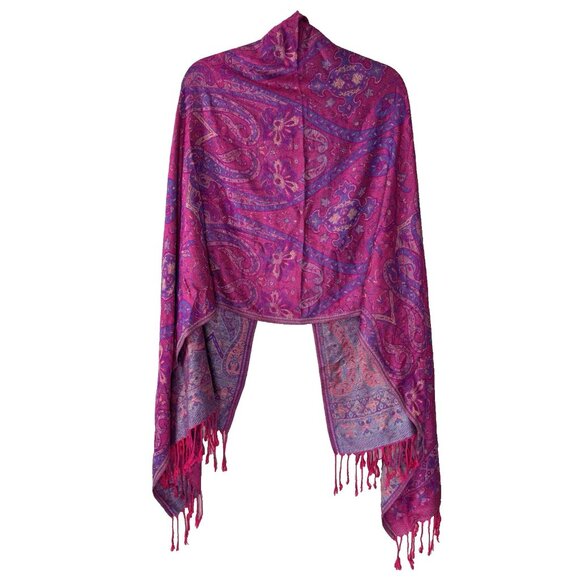 Pashmina Womens Vibrant Pink Paisley Scarf Wrap 70x26 Boho Chic Colorful Layer - Picture 2 of 6